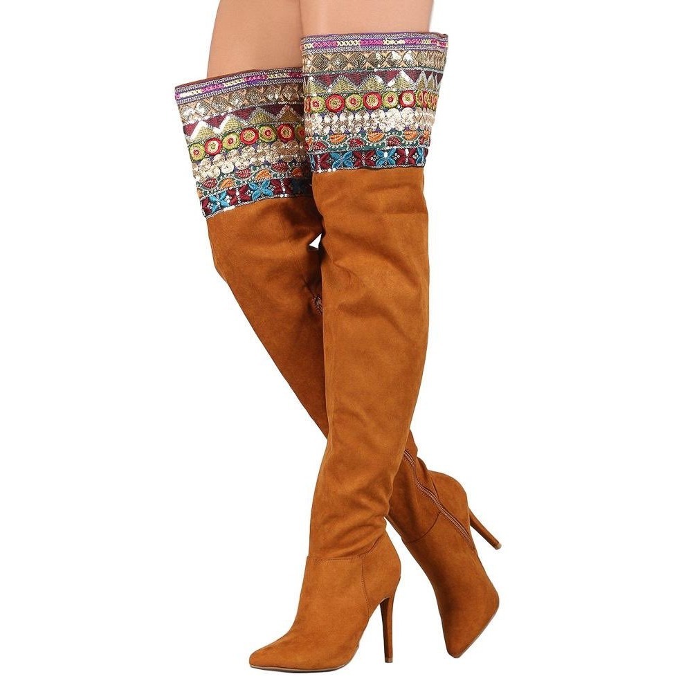 Anna Michelle Thigh High Boots Women 8 Tan Good Embroidered Sequin Boho Stiletto